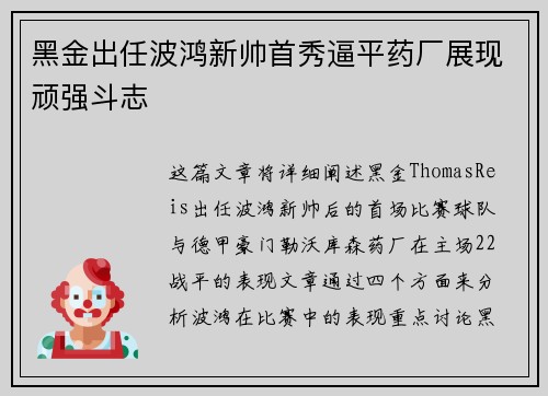 黑金出任波鸿新帅首秀逼平药厂展现顽强斗志 黑金出任波鸿新帅首秀逼平药厂展现顽强斗志