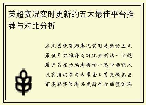 英超赛况实时更新的五大最佳平台推荐与对比分析 英超赛况实时更新的五大最佳平台推荐与对比分析